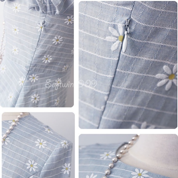 Light Blue Daisy Floral Bow Back 100% Cotton Dress - Picture 5 of 8